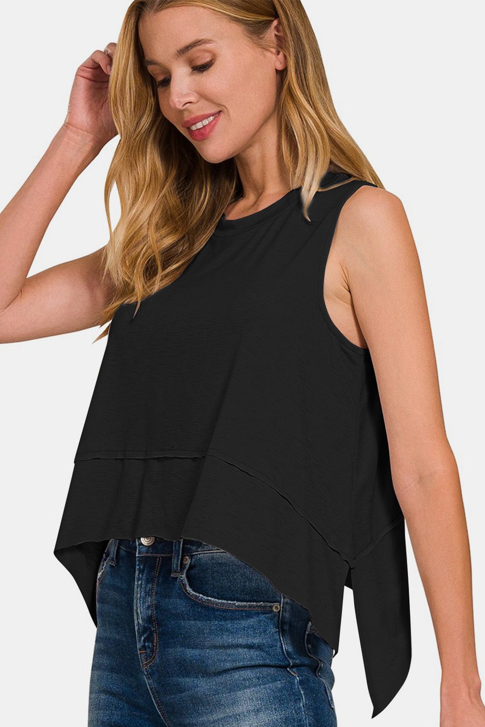 Zenana Exposed Seam Slit Round Neck Tank - Top - Black - Bella Bourget