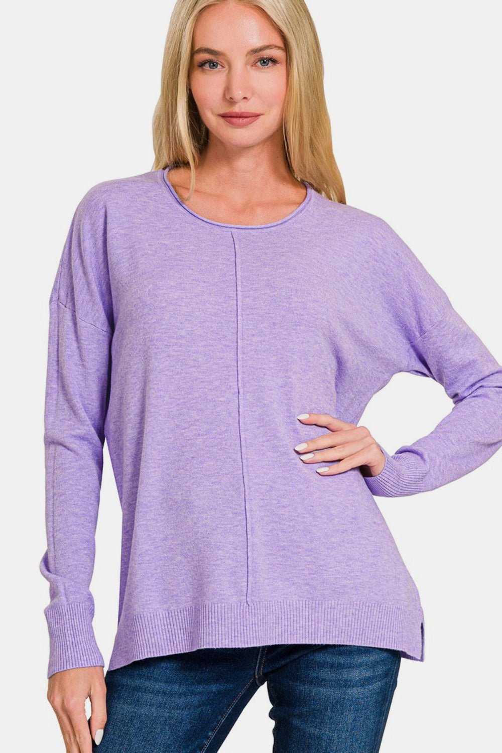 Zenana Front Seam Round Neck Sweater - Top - H Lavender - Bella Bourget