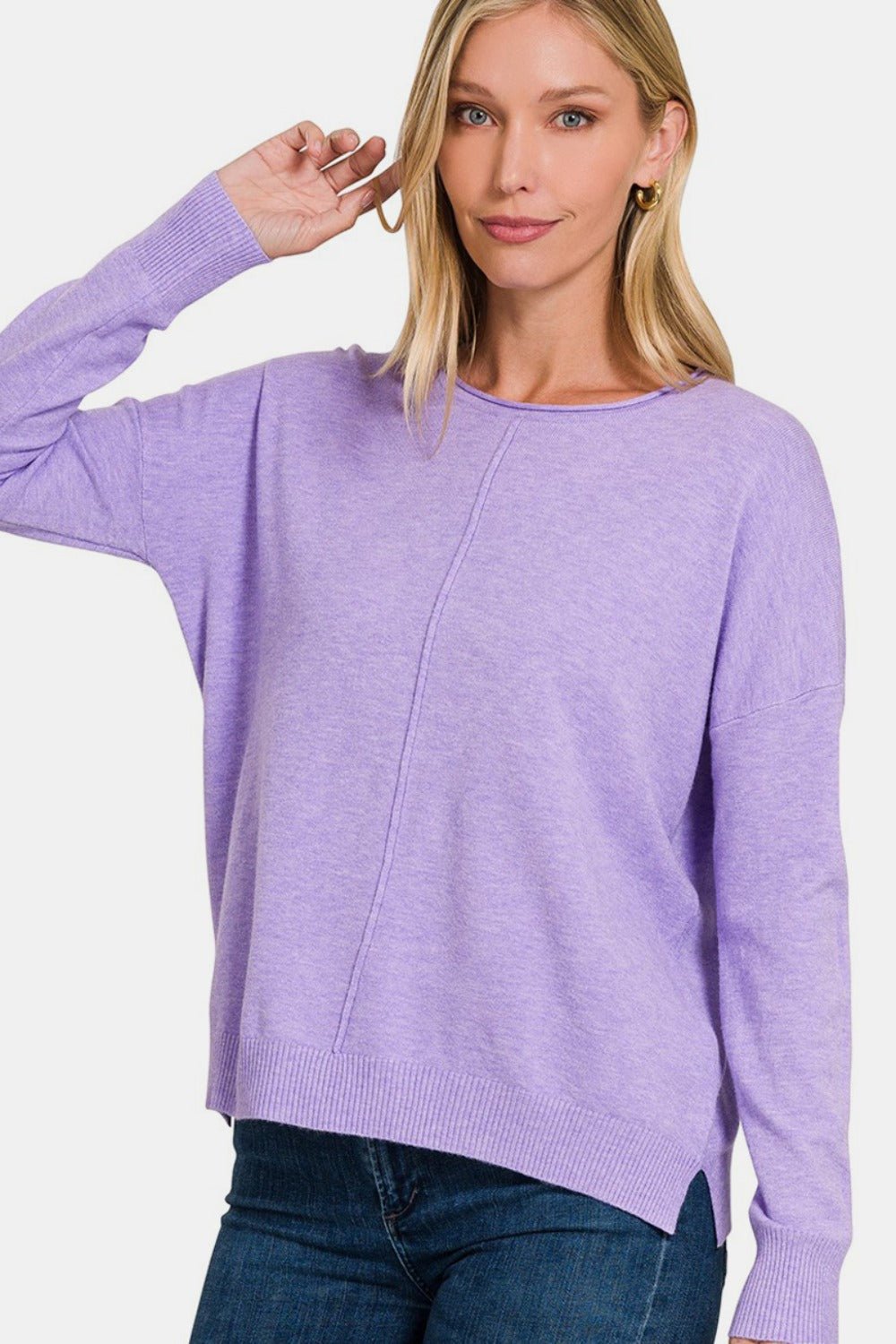 Zenana Front Seam Round Neck Sweater - Top - H Lavender - Bella Bourget