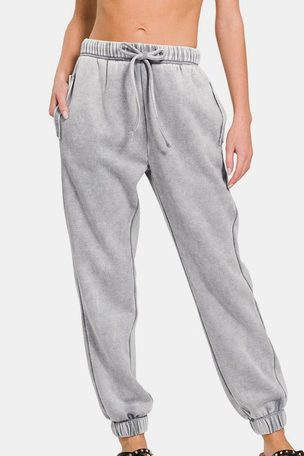 Zenana Full Size Acid Wash Fleece Drawstring Sweatpants with Pockets - Sweatshirt - Sleet - Bella Bourget