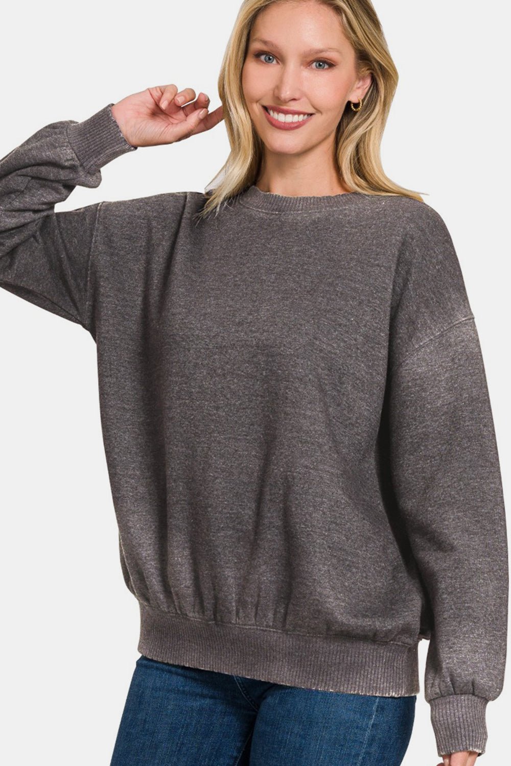 Zenana Full Size Acid Wash Fleece Long Sleeve Sweatshirt - Sweatshirt - Ash Black - Bella Bourget