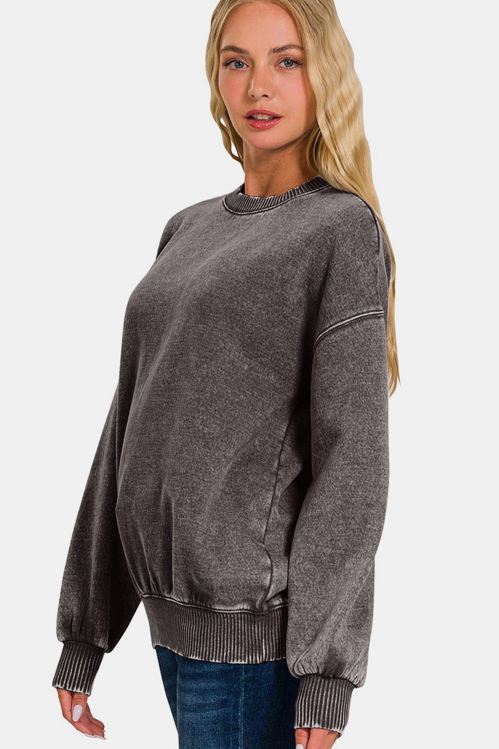 Zenana Full Size Acid Wash Fleece Long Sleeve Sweatshirt - Sweatshirt - Ash Black - Bella Bourget