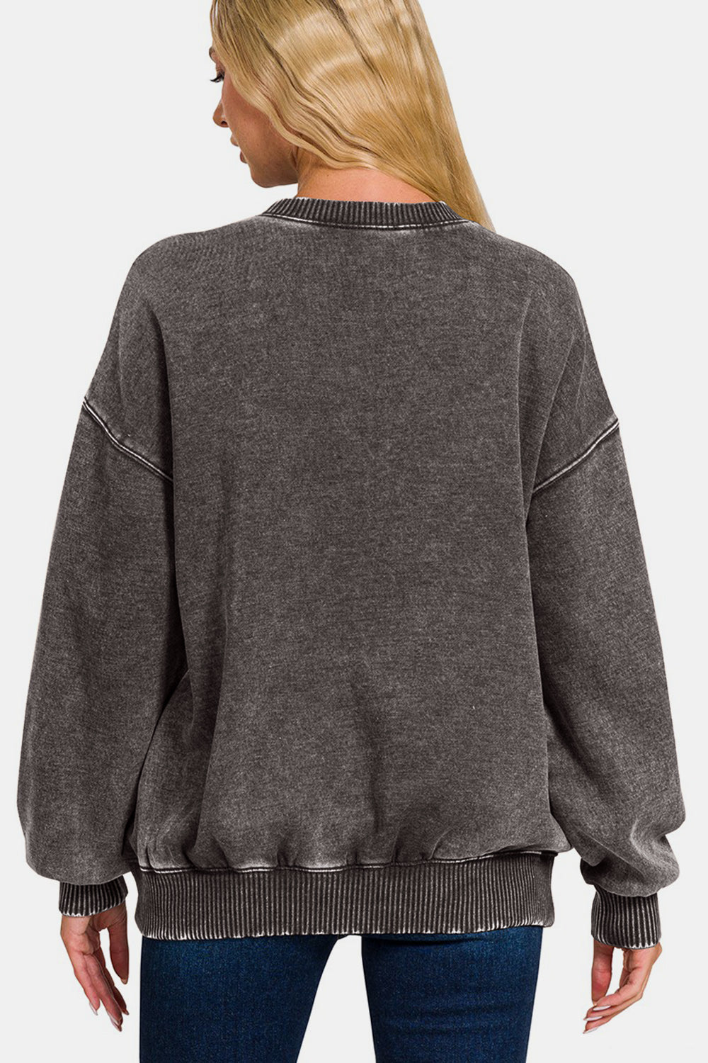 Zenana Full Size Acid Wash Fleece Long Sleeve Sweatshirt - Sweatshirt - Ash Black - Bella Bourget