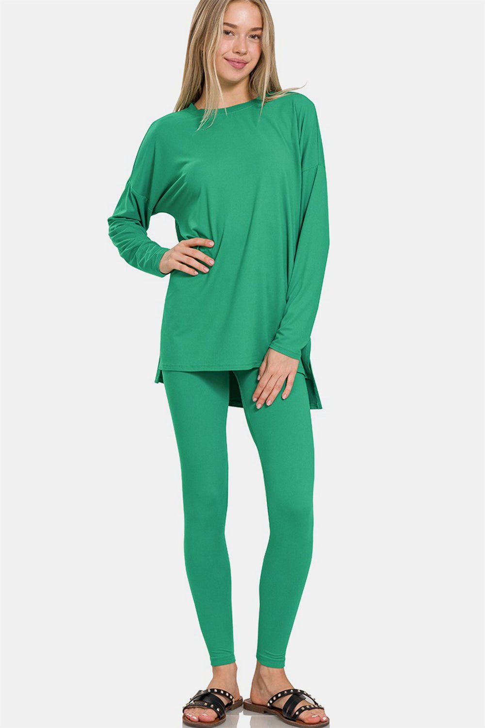 Zenana Full Size Brushed Microfiber Top and Leggings Lounge Set - Loungewear - K Green - Bella Bourget