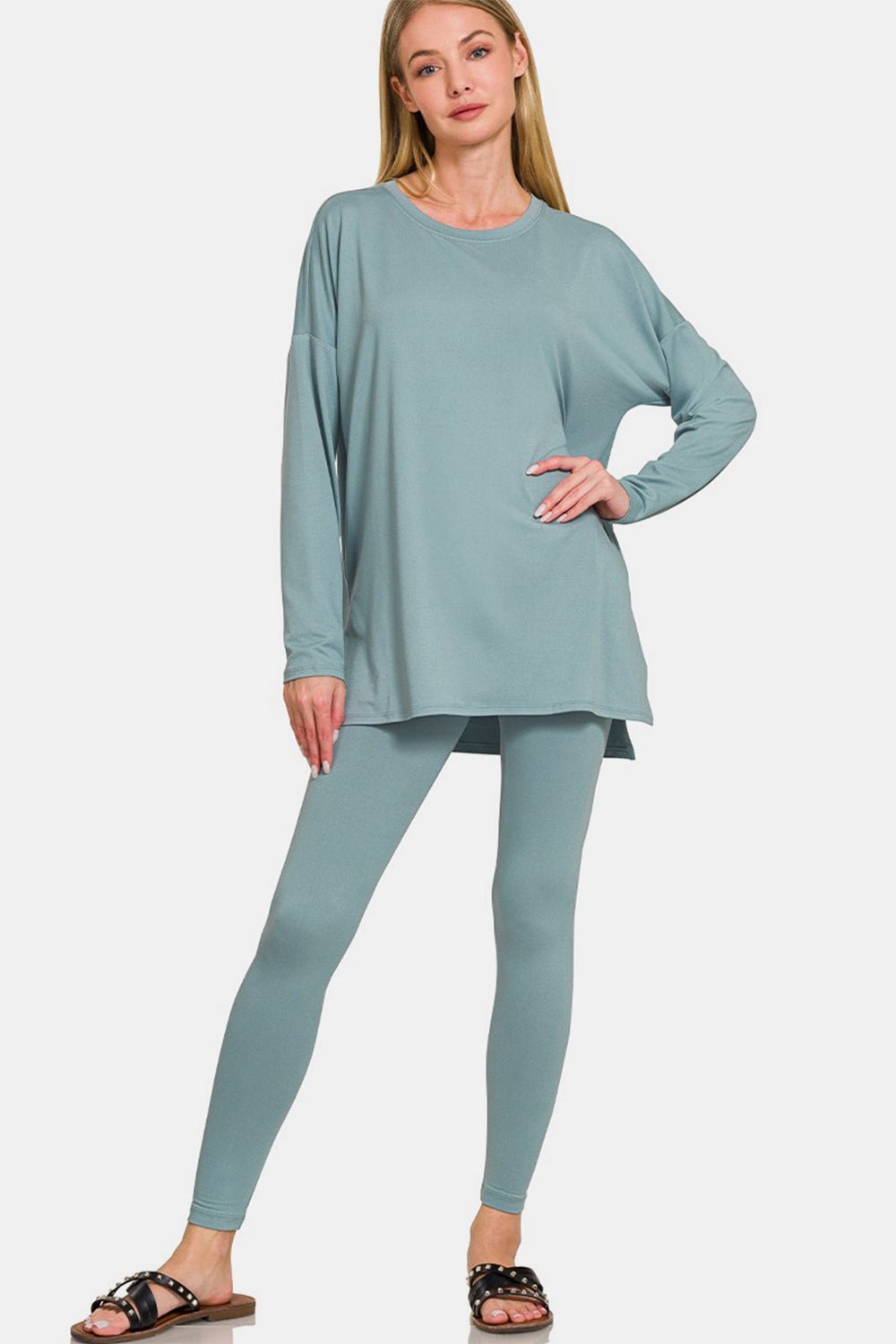 Zenana Full Size Brushed Microfiber Top and Leggings Lounge Set - Loungewear - Blue Grey - Bella Bourget