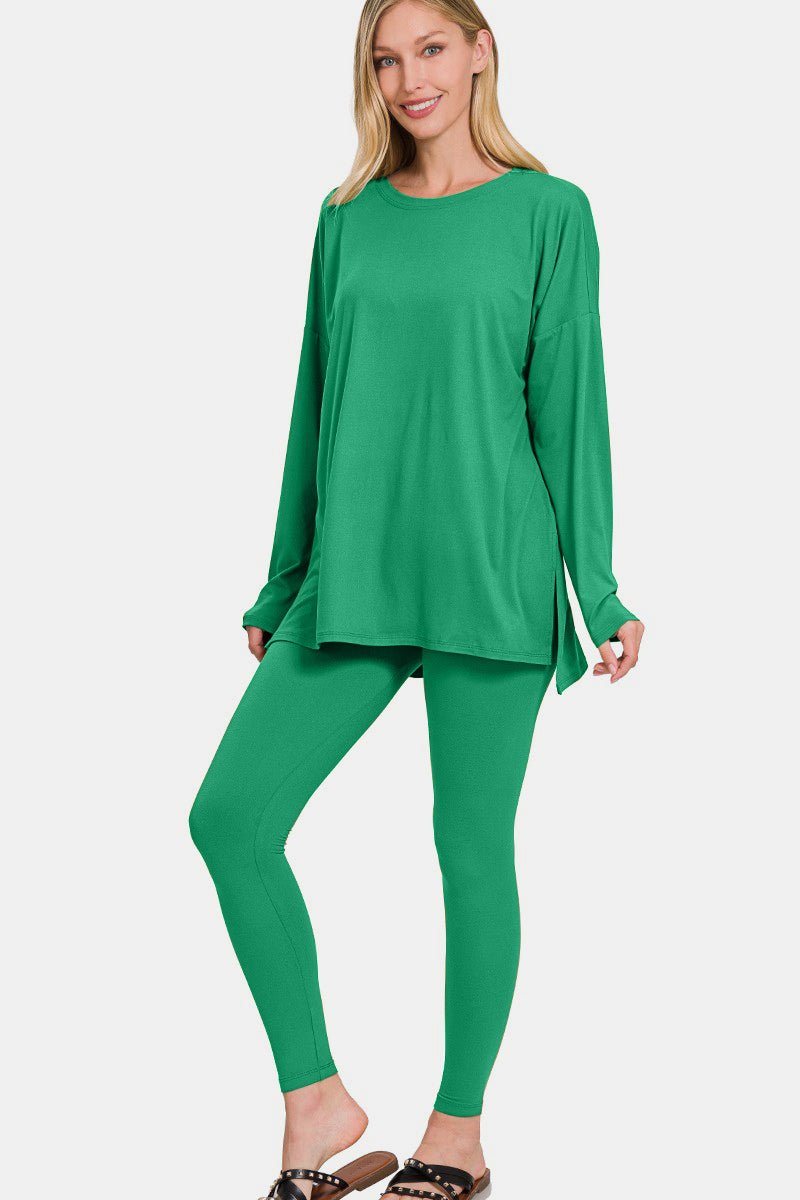 Zenana Full Size Brushed Microfiber Top and Leggings Lounge Set - Loungewear - K Green - Bella Bourget