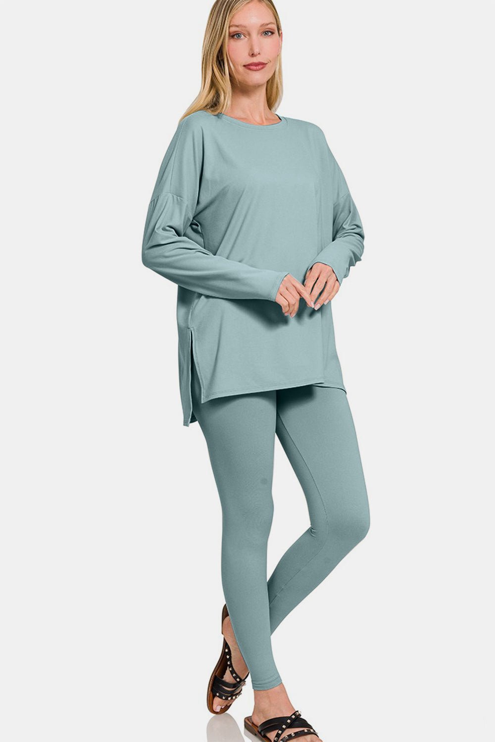 Zenana Full Size Brushed Microfiber Top and Leggings Lounge Set - Loungewear - Blue Grey - Bella Bourget