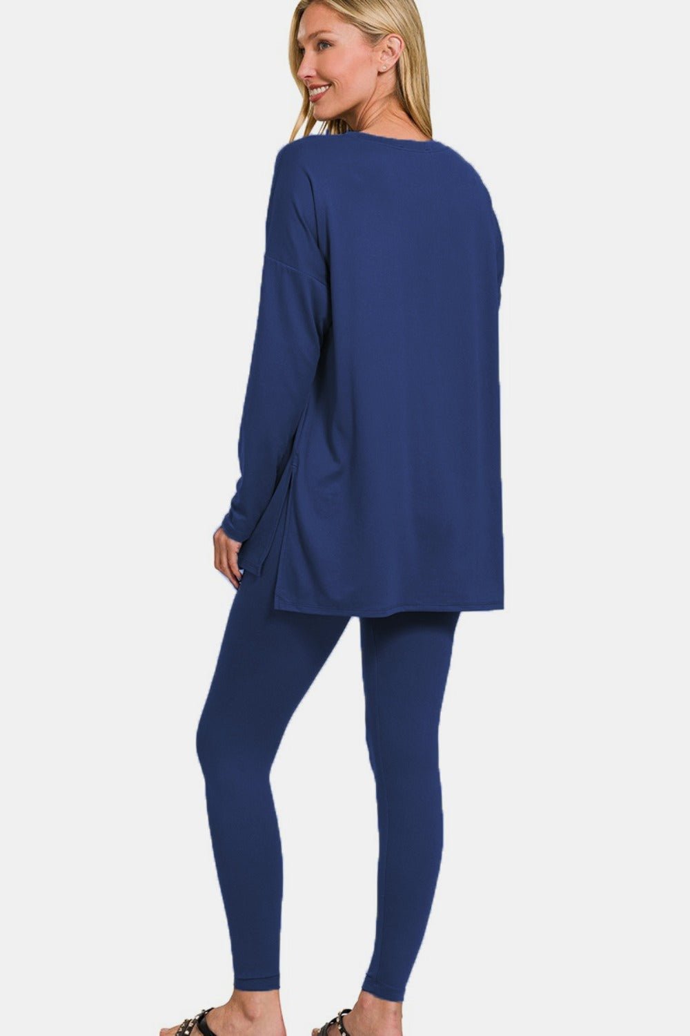 Zenana Full Size Brushed Microfiber Top and Leggings Lounge Set - Loungewear - Lt Navy - Bella Bourget