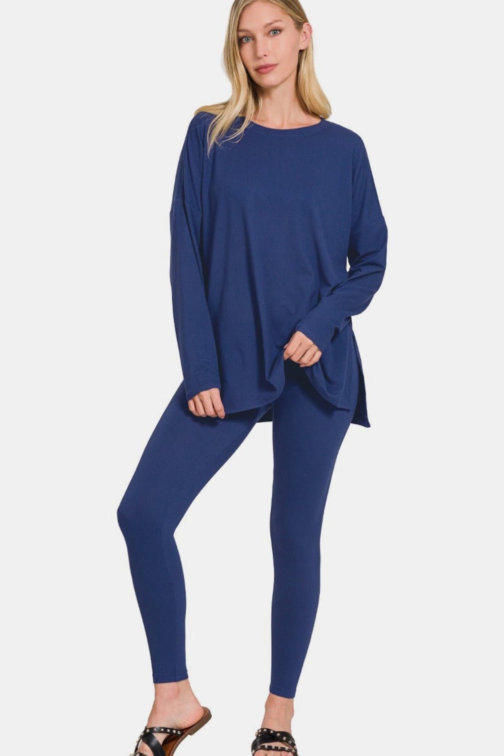 Zenana Full Size Brushed Microfiber Top and Leggings Lounge Set - Loungewear - Lt Navy - Bella Bourget