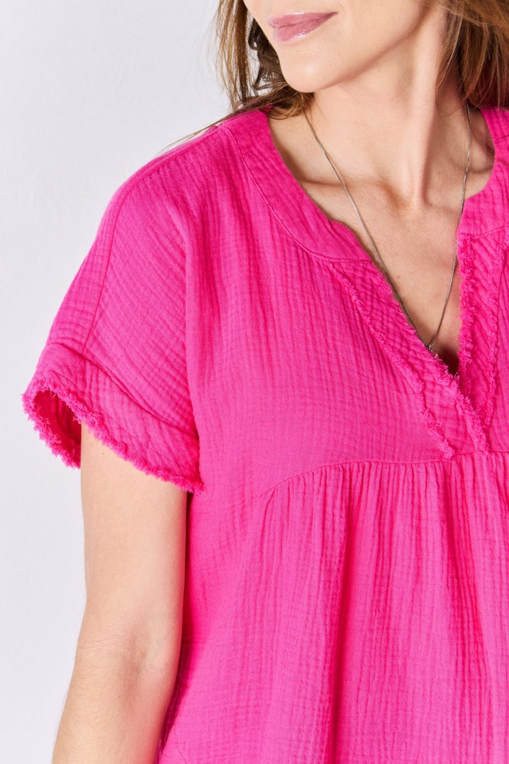 Zenana Full Size Raw Hem Short Sleeve Top - Top - Hot Pink - Bella Bourget