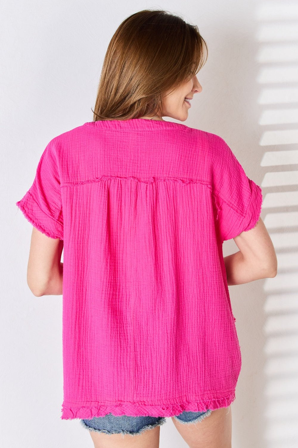 Zenana Full Size Raw Hem Short Sleeve Top - Top - Hot Pink - Bella Bourget