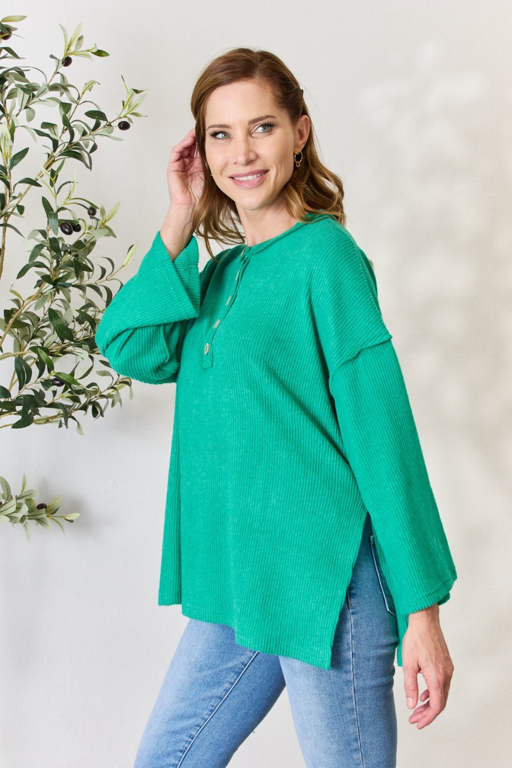 Zenana Full Size Ribbed Half Button Slit Knit Top - Top - Kelly Green - Bella Bourget