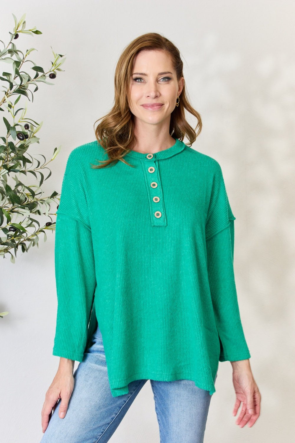 Zenana Full Size Ribbed Half Button Slit Knit Top - Top - Kelly Green - Bella Bourget