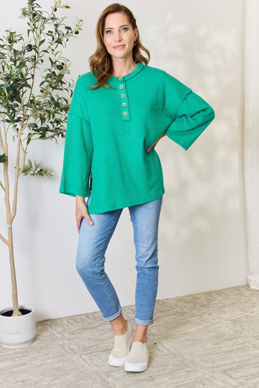 Zenana Full Size Ribbed Half Button Slit Knit Top - Top - Kelly Green - Bella Bourget