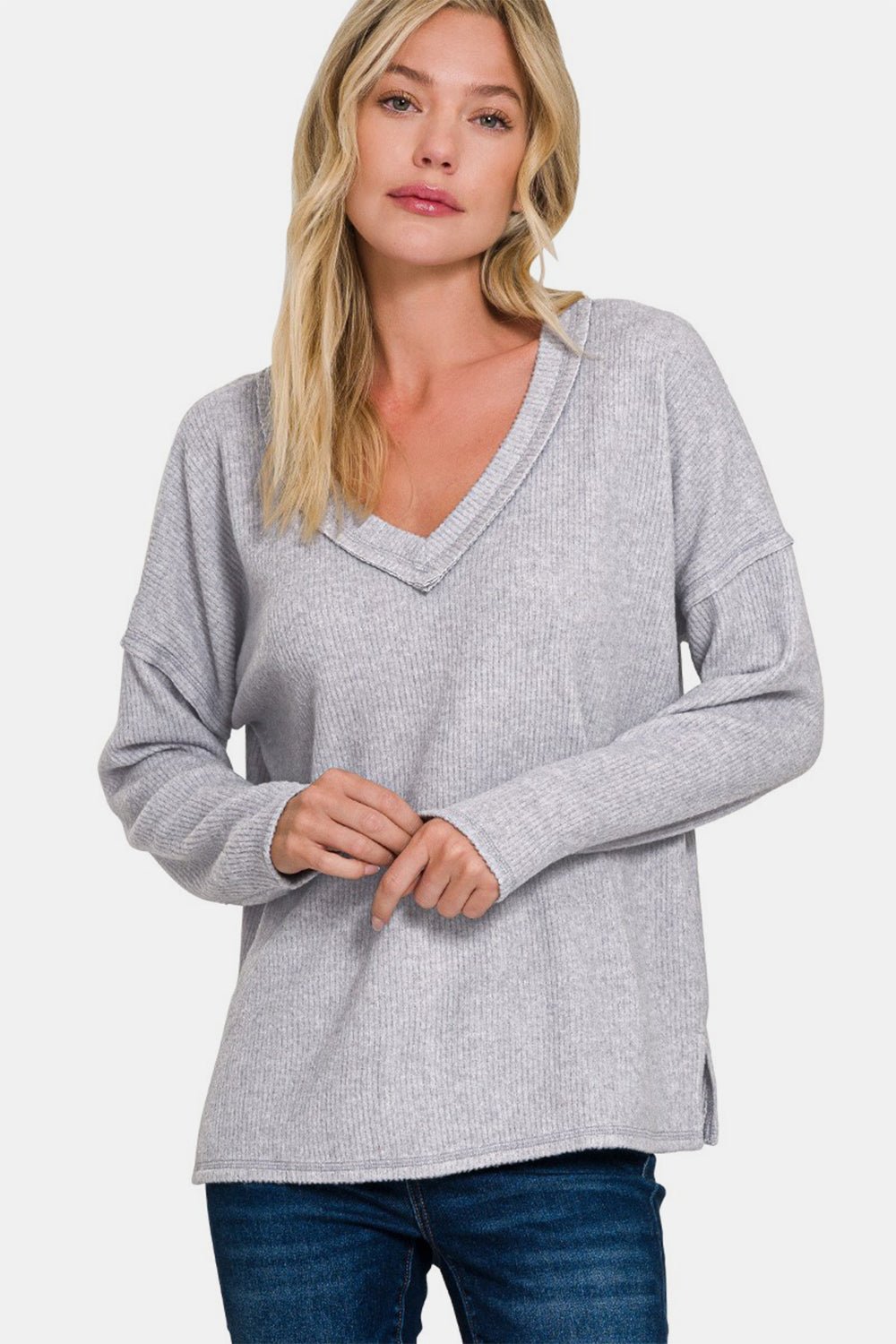 Zenana Full Size Ribbed V - Neck Drop Shoulder Top - Top - H Grey - Bella Bourget