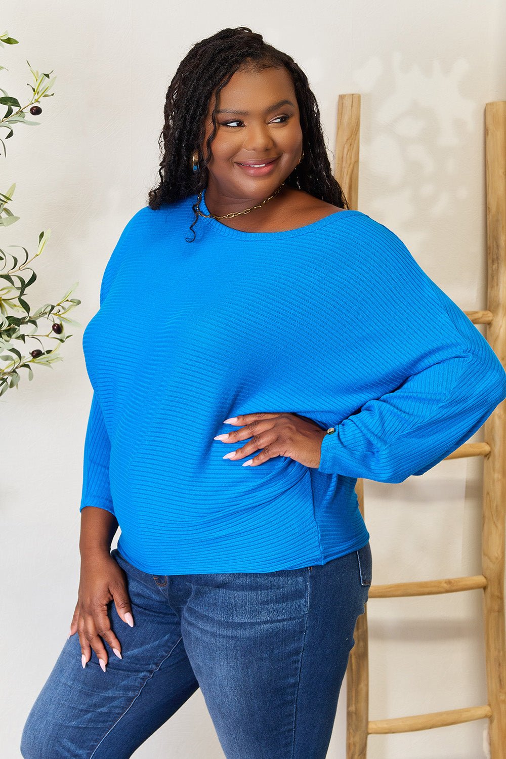 Zenana Full Size Round Neck Batwing Sleeve Blouse - Top - Blue - Bella Bourget