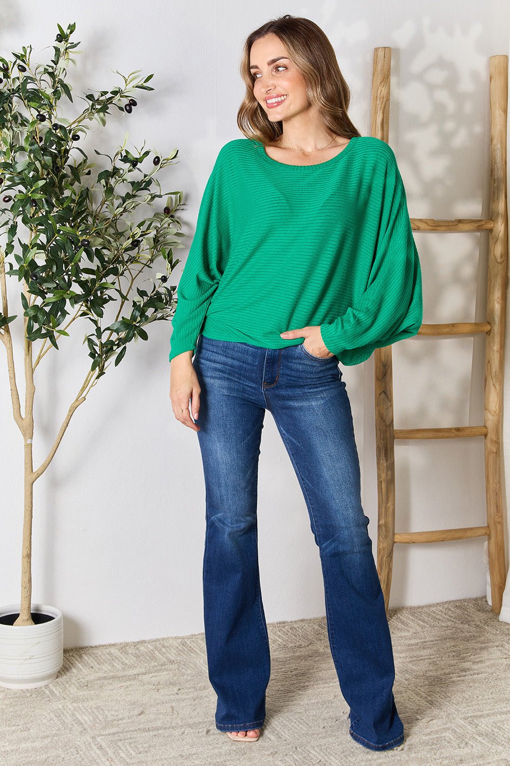 Zenana Full Size Round Neck Batwing Sleeve Blouse - Top - Green - Bella Bourget