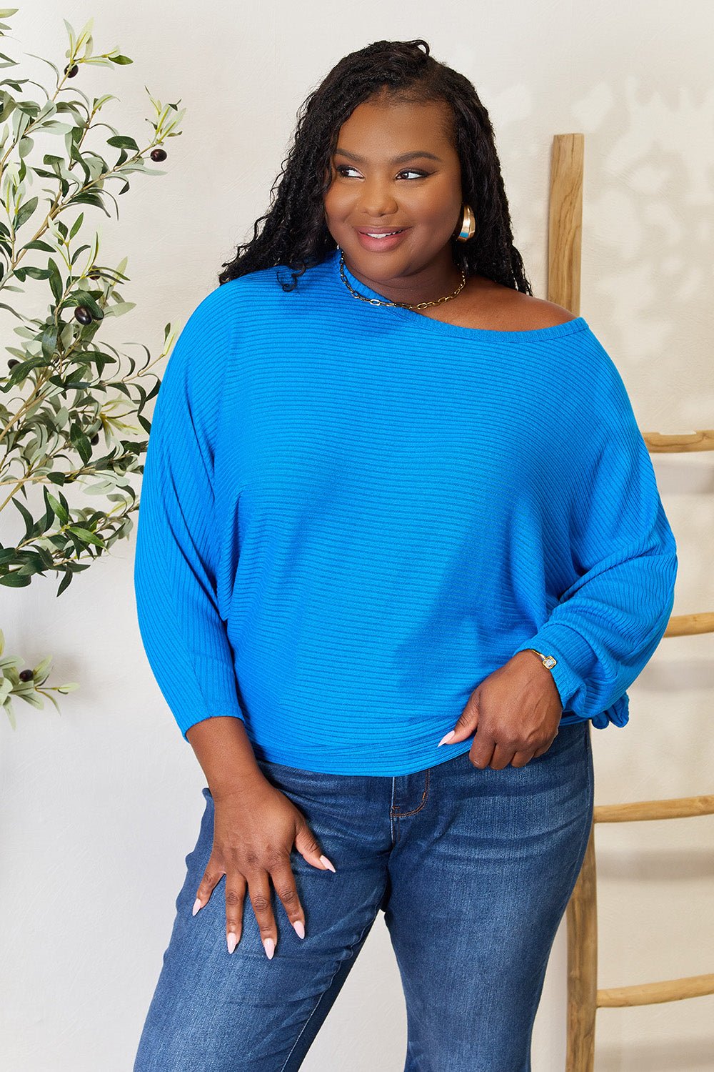 Zenana Full Size Round Neck Batwing Sleeve Blouse - Top - Blue - Bella Bourget