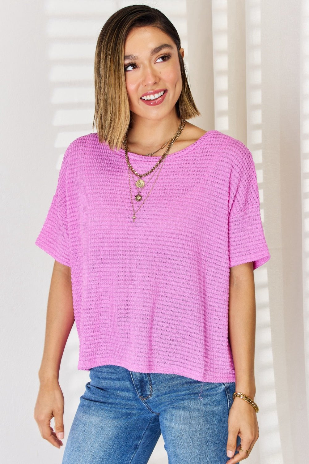 Zenana Full Size Round Neck Short Sleeve Top - blouse - Bright Mauve - Bella Bourget