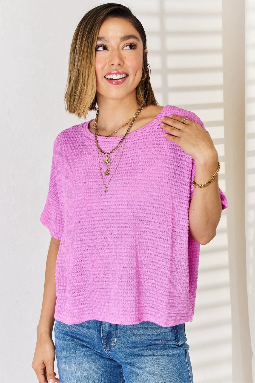 Zenana Full Size Round Neck Short Sleeve Top - blouse - Bright Mauve - Bella Bourget