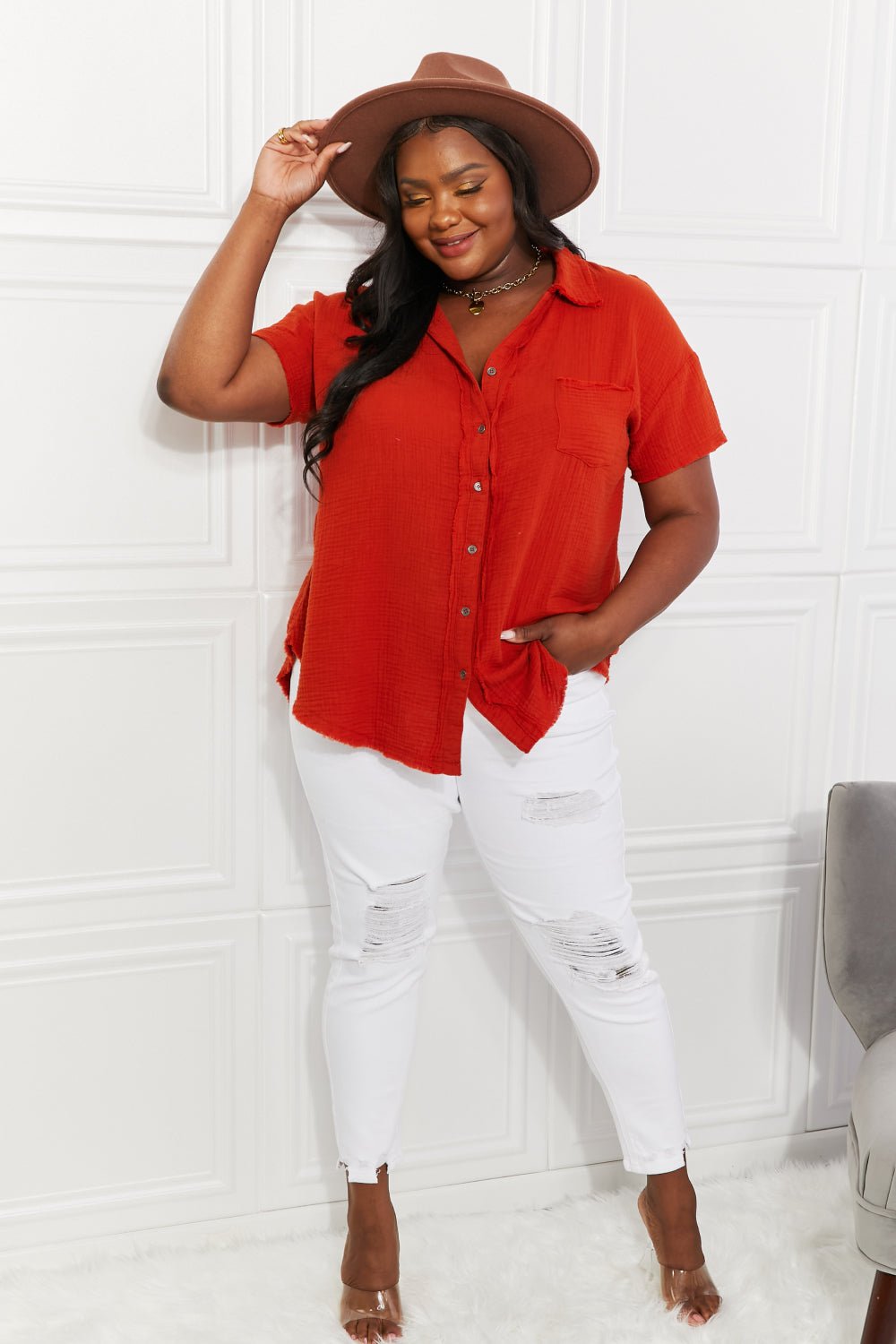 Zenana Full Size Summer Breeze Gauze Short Sleeve Shirt in Copper - Top - Orange - Red - Bella Bourget