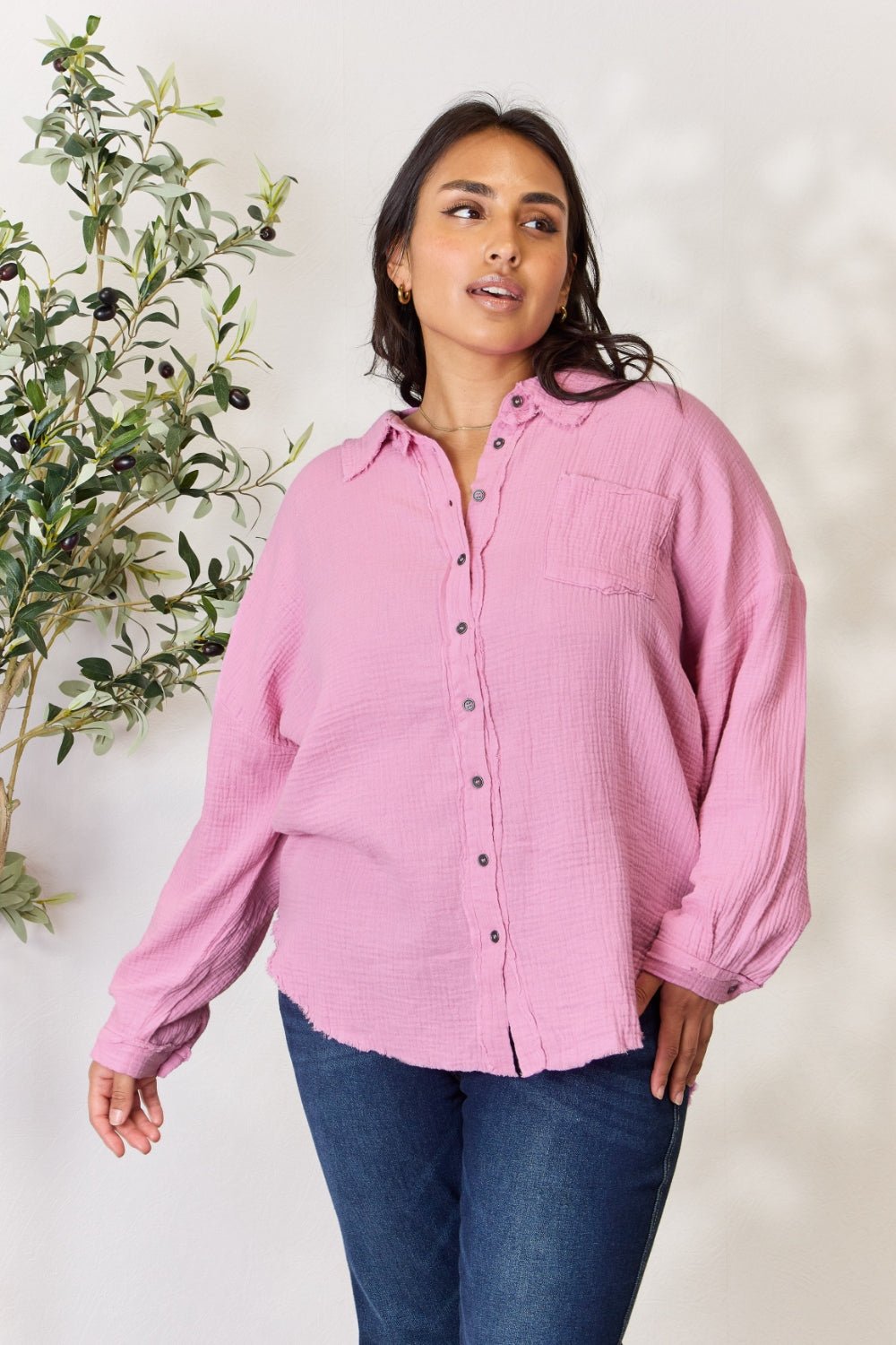 Zenana Full Size Texture Button Up Raw Hem Long Sleeve Shirt - Top - Mauve - Bella Bourget