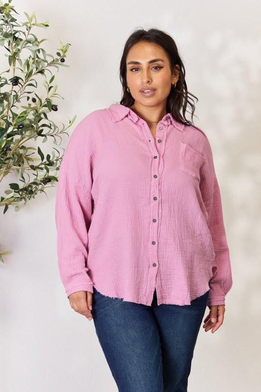 Zenana Full Size Texture Button Up Raw Hem Long Sleeve Shirt - Top - Mauve - Bella Bourget