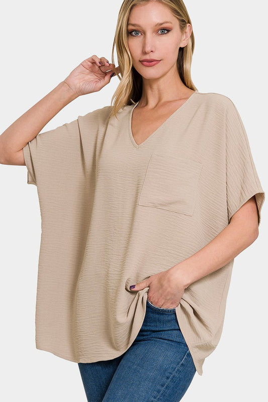 Zenana Full Size Texture V - Neck Short Sleeve Top - Top - LT MOCHA - Bella Bourget