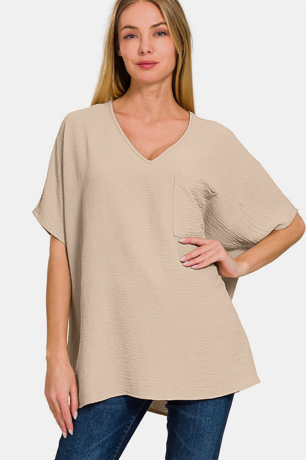 Zenana Full Size Texture V - Neck Short Sleeve Top - Top - LT MOCHA - Bella Bourget