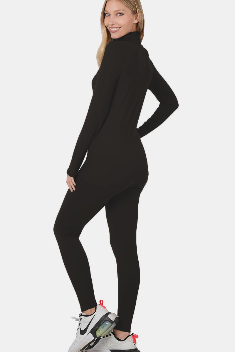 Zenana Full Size Turtleneck Top and Leggings Lounge Set - Loungewear - Black - Bella Bourget