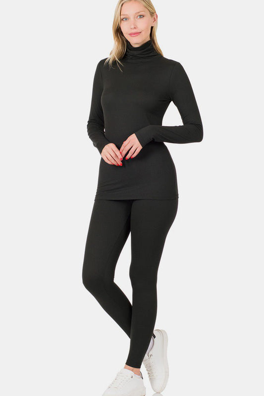 Zenana Full Size Turtleneck Top and Leggings Lounge Set - Loungewear - Black - Bella Bourget