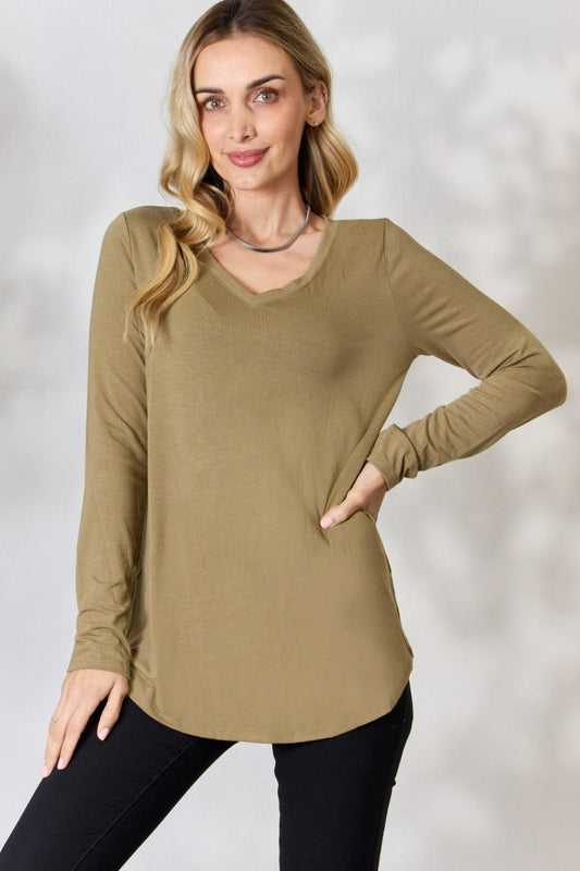 Zenana Full Size V - Neck Long Sleeve T - Shirt - Top - Khaki - Bella Bourget