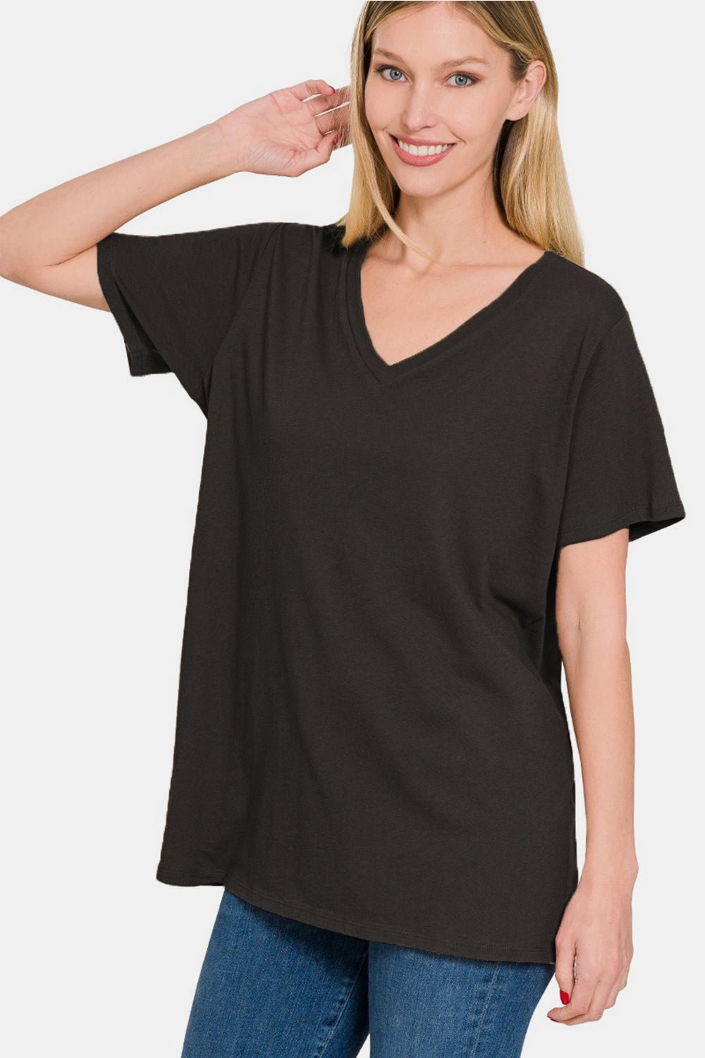 Zenana Full Size V - Neck Short Sleeve T - Shirt - Top - Black - Bella Bourget