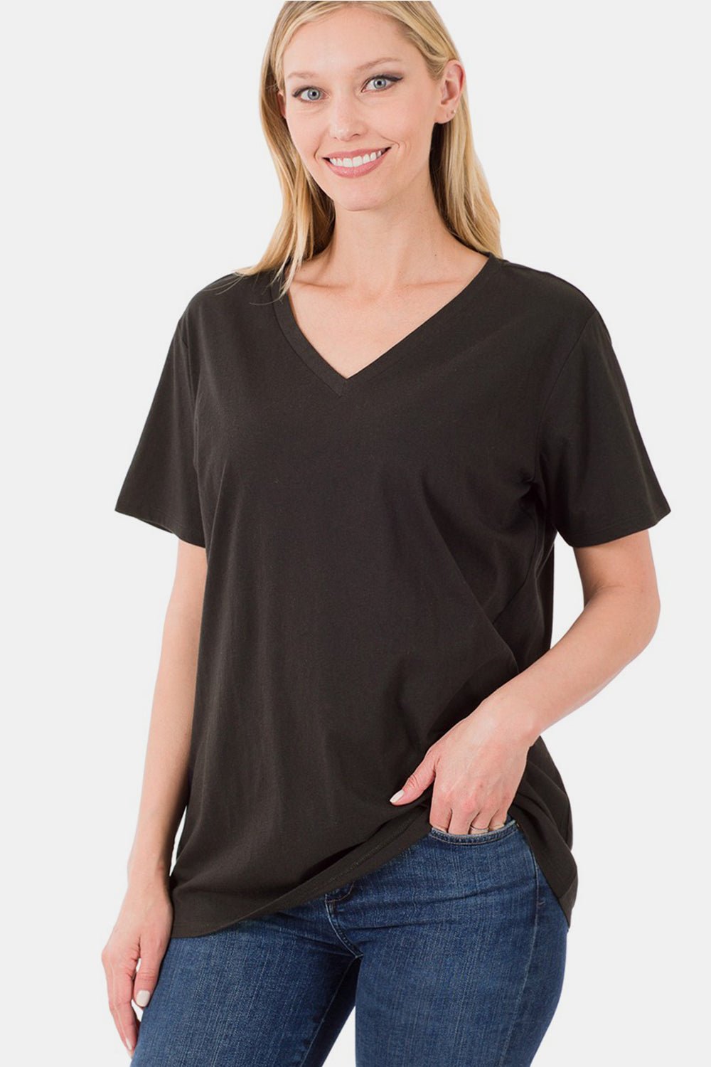 Zenana Full Size V - Neck Short Sleeve T - Shirt - Top - Black - Bella Bourget