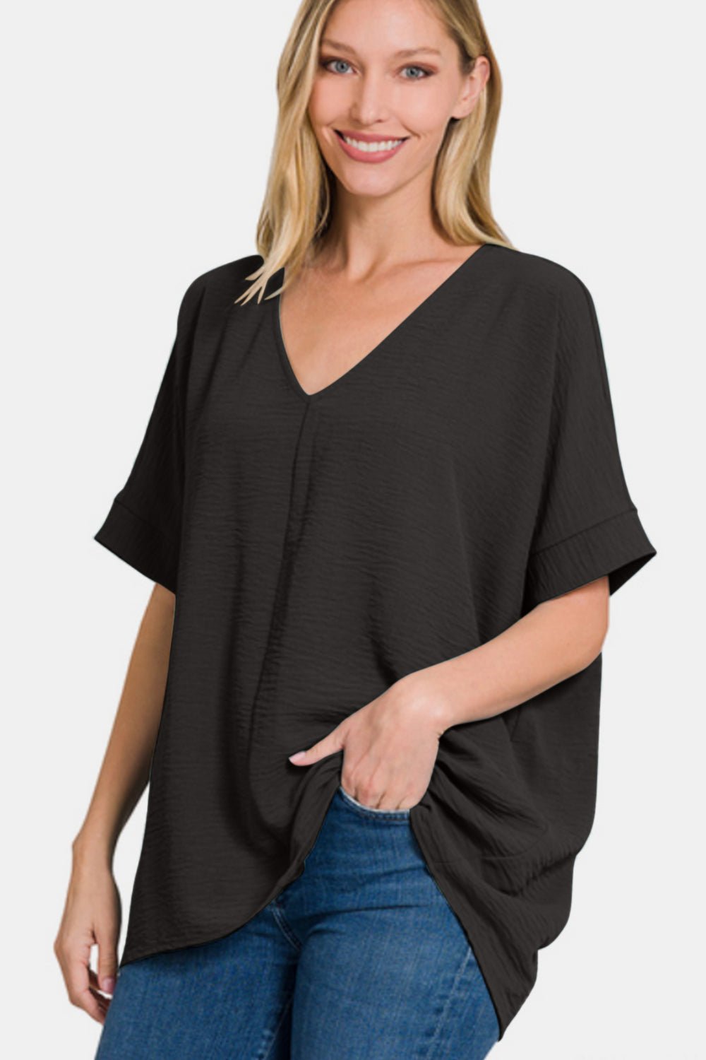 Zenana Full Size V - Neck Short Sleeve Top - Top - BLACK - Bella Bourget