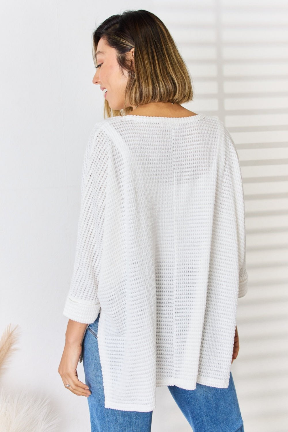 Zenana Full Size Waffle Knit V - Neck Long Sleeve Slit Top - Top - Ivory - Bella Bourget