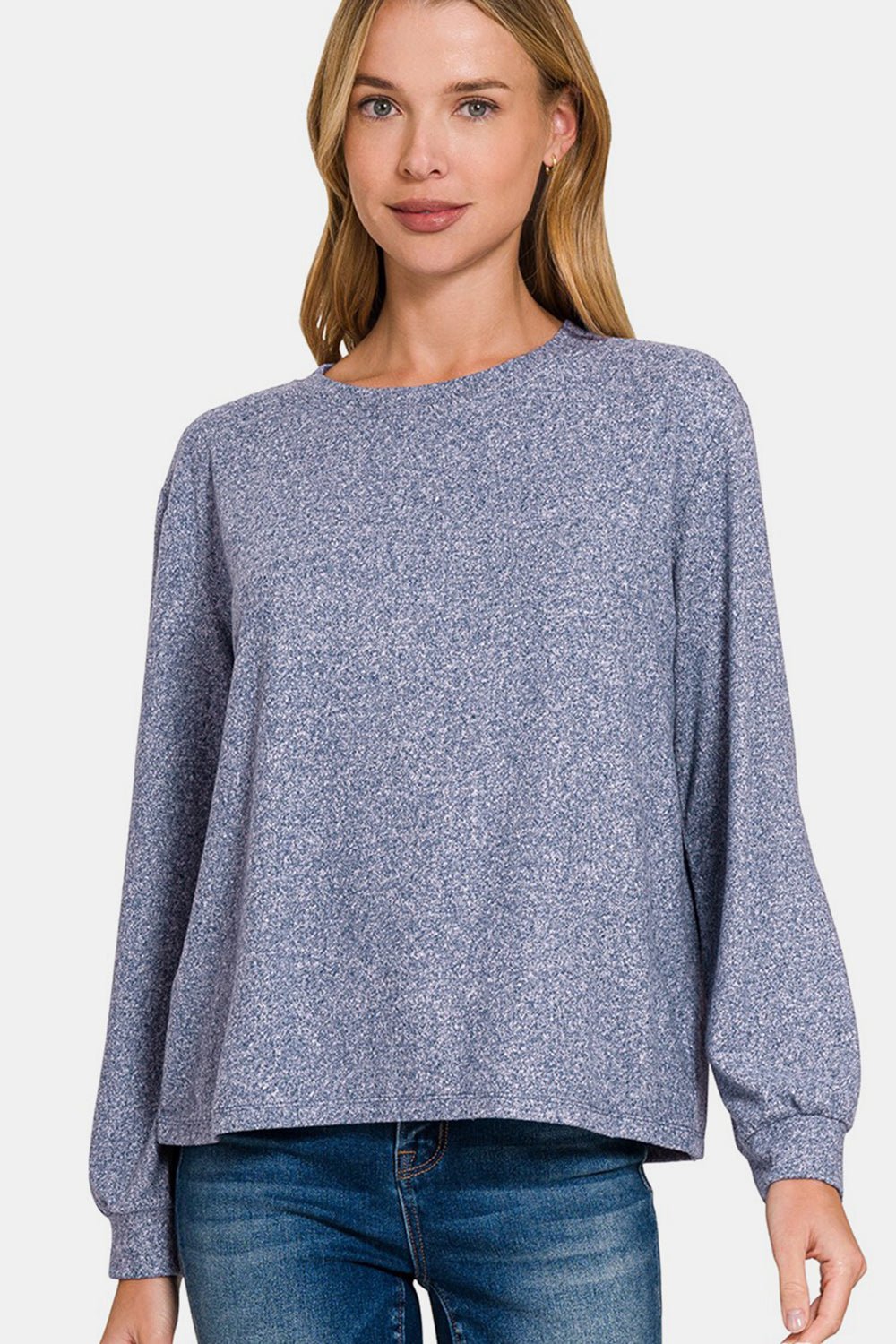 Zenana Hacci Round Neck Long Sleeve T-Shirt - T-Shirt - LT Navy - Bella Bourget