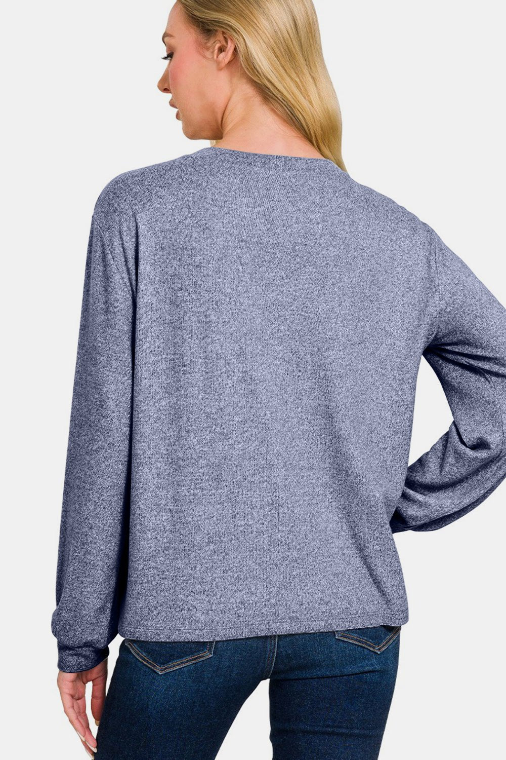 Zenana Hacci Round Neck Long Sleeve T-Shirt - T-Shirt - LT Navy - Bella Bourget