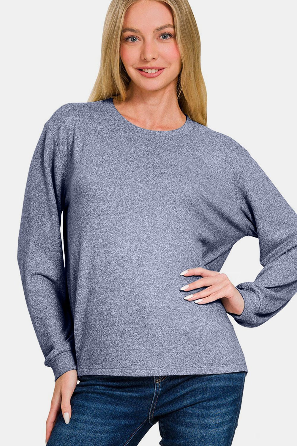 Zenana Hacci Round Neck Long Sleeve T-Shirt - T-Shirt - LT Navy - Bella Bourget