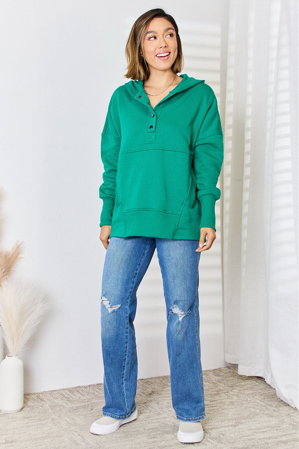 Zenana Half Snap Long Sleeve Hoodie - Hoodie - K Green - Bella Bourget