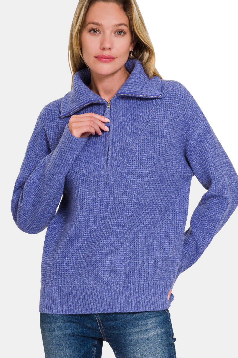 Zenana Half Zip Long Sleeve Sweater - Sweater - Marlin - Bella Bourget