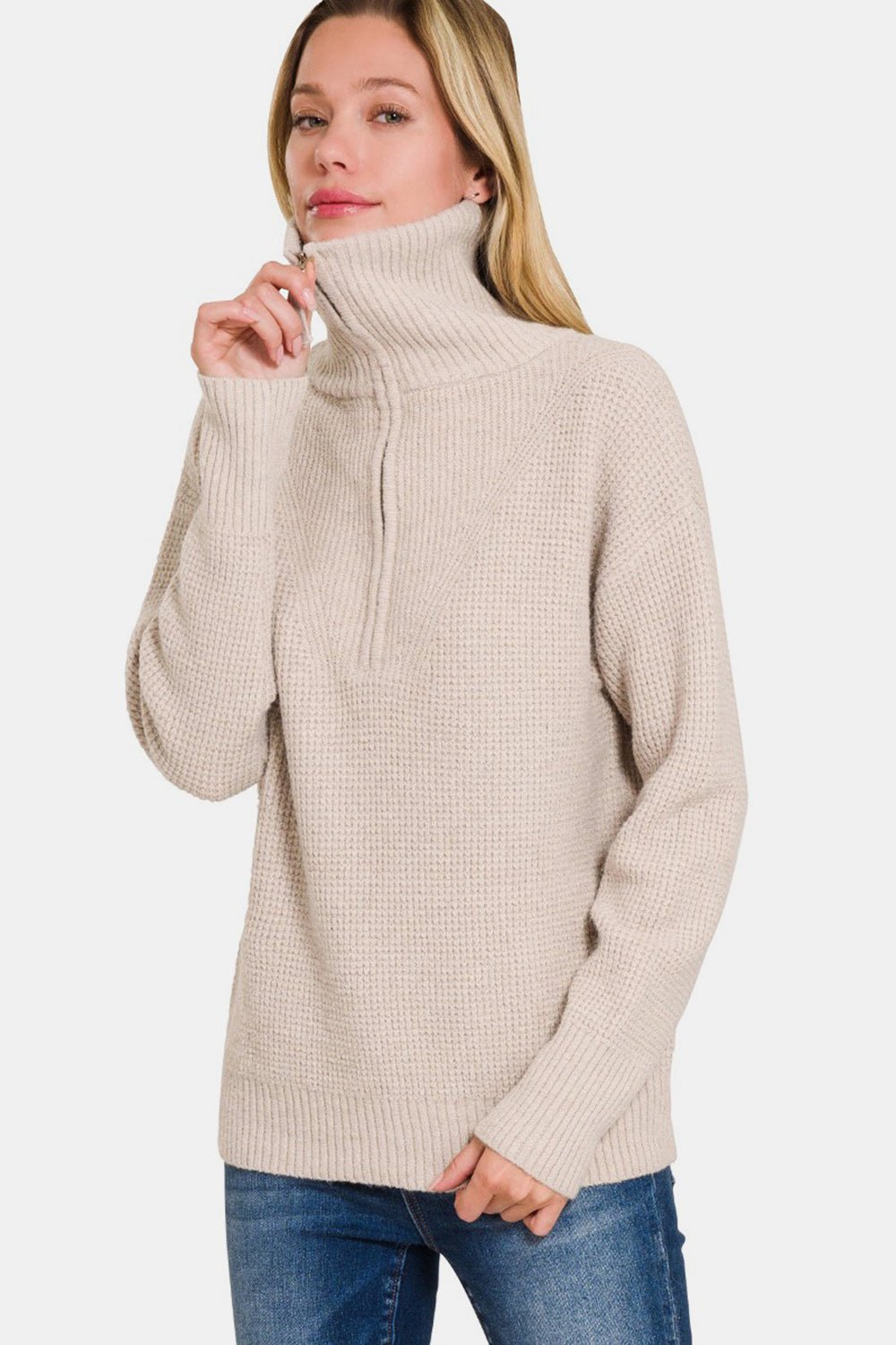 Zenana Half Zip Long Sleeve Sweater - Sweater - Mocha - Bella Bourget