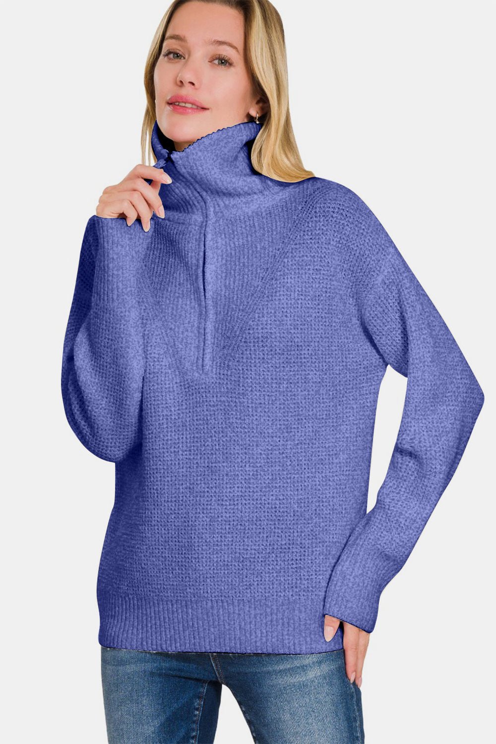 Zenana Half Zip Long Sleeve Sweater - Sweater - Marlin - Bella Bourget