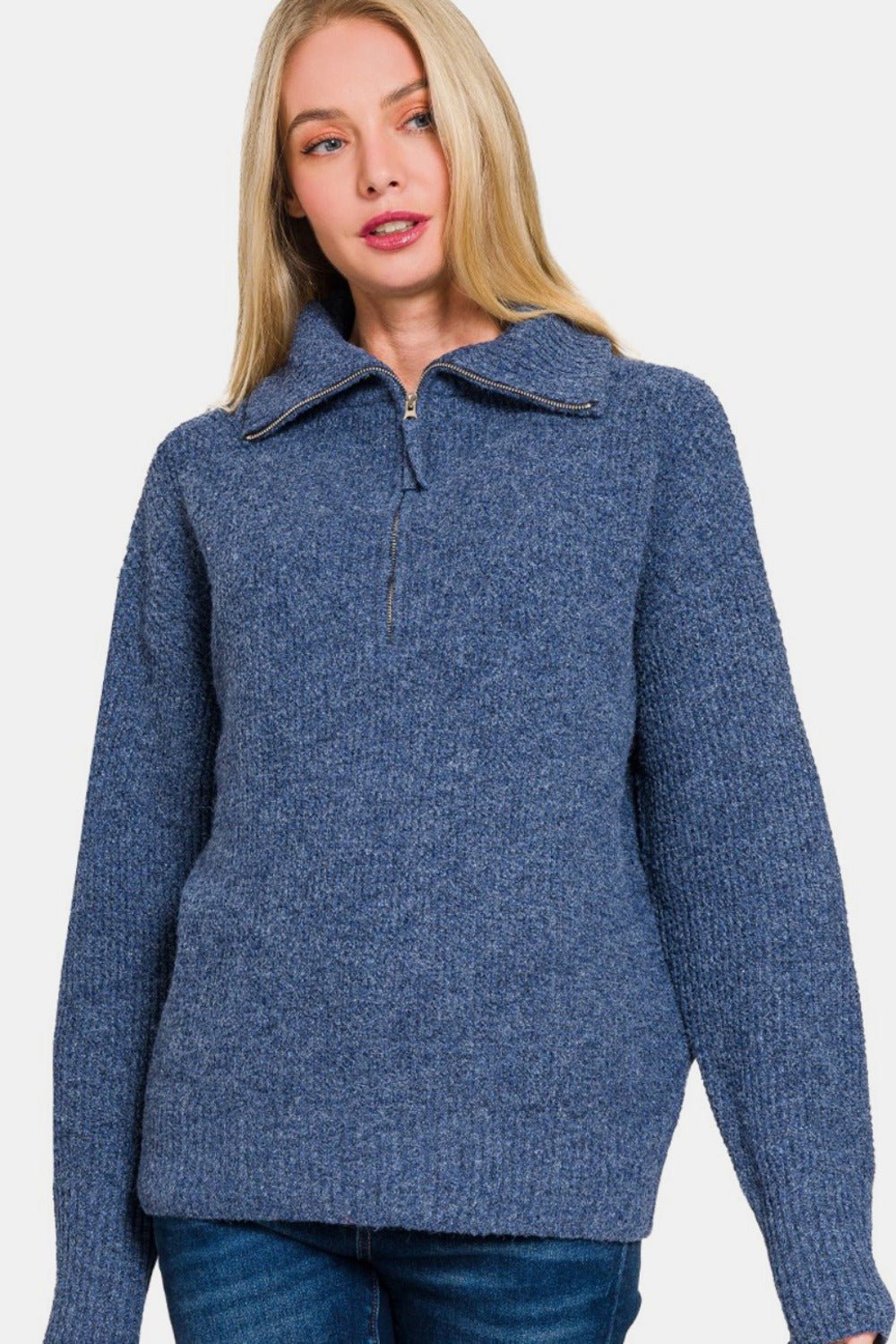 Zenana Half Zip Long Sleeve Sweater - Sweater - Navy - Bella Bourget