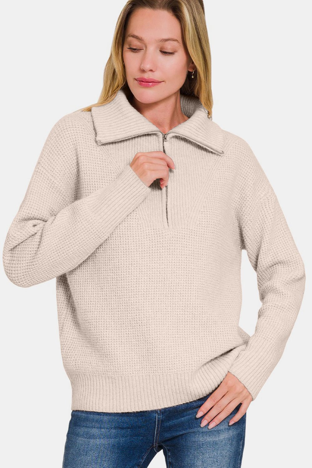 Zenana Half Zip Long Sleeve Sweater - Sweater - Mocha - Bella Bourget