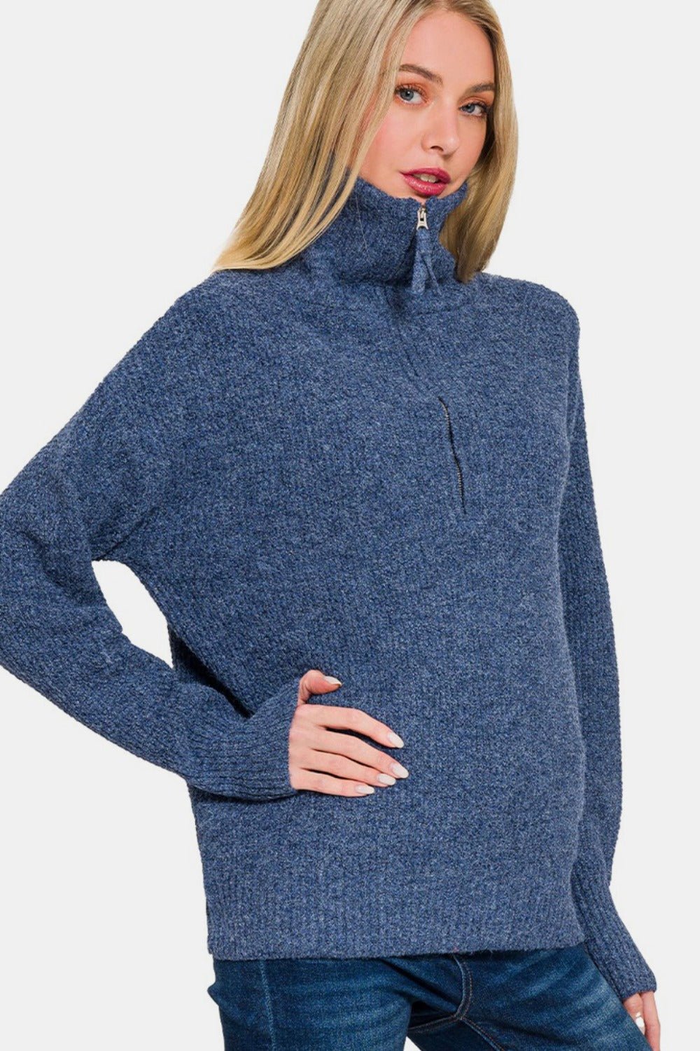 Zenana Half Zip Long Sleeve Sweater - Sweater - Navy - Bella Bourget