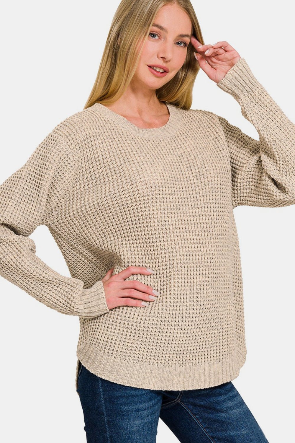 Zenana High Low Long Sleeve Waffle Sweater - Sweater - H Beige - Bella Bourget