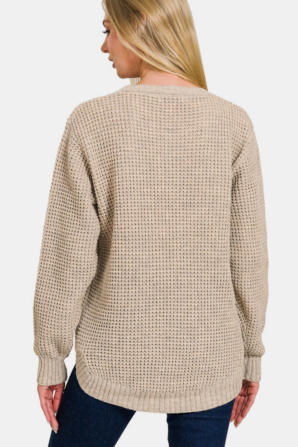 Zenana High Low Long Sleeve Waffle Sweater - Sweater - H Beige - Bella Bourget