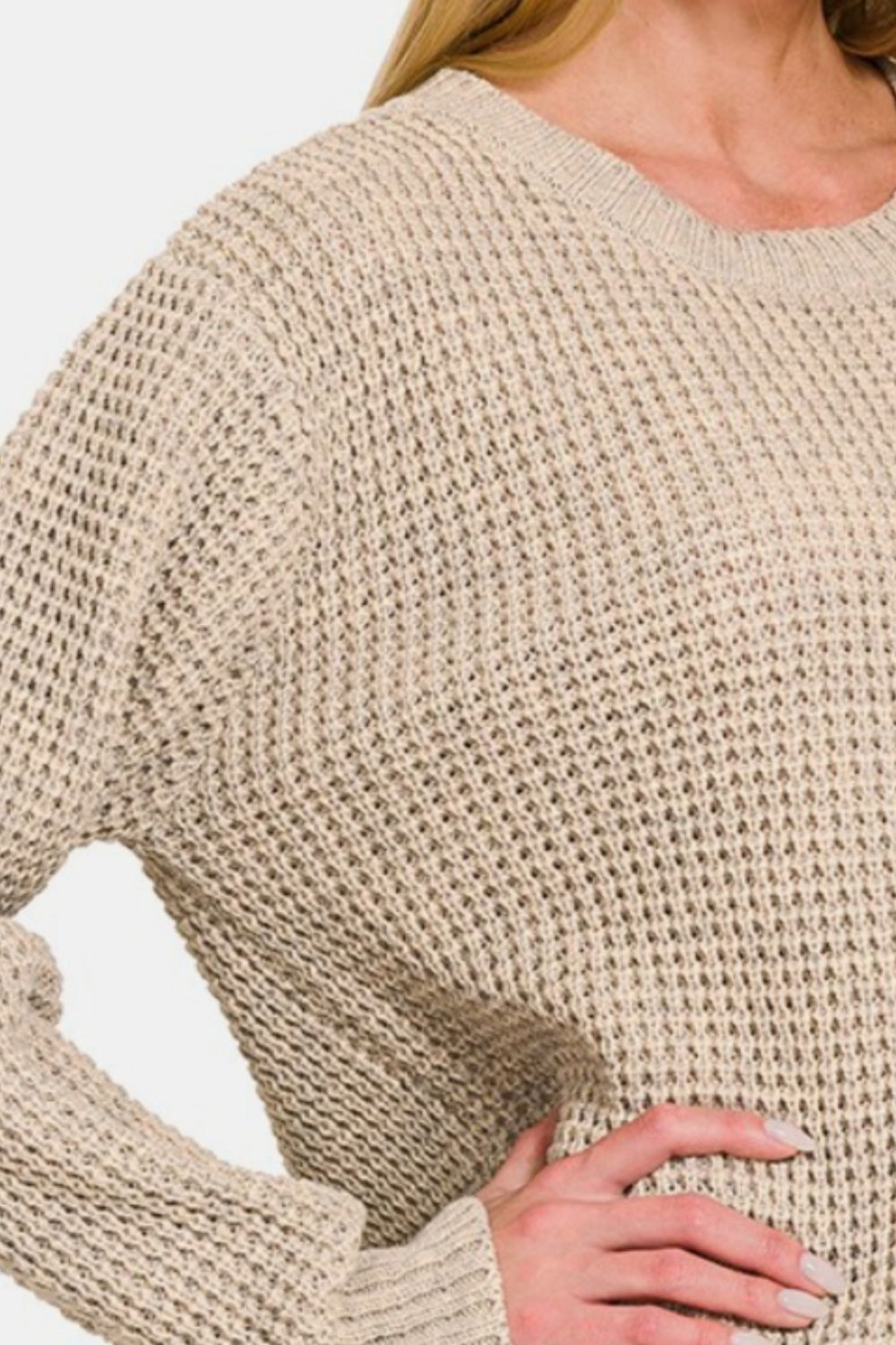 Zenana High Low Long Sleeve Waffle Sweater - Sweater - H Beige - Bella Bourget