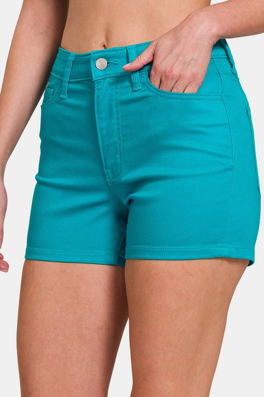 Zenana High Waist Denim Shorts - Shorts - Lt Teal - Bella Bourget